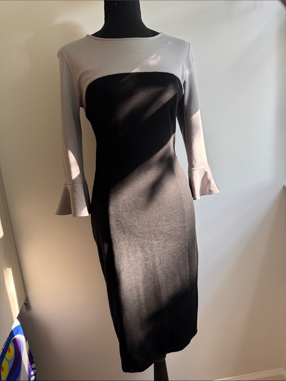 Two-Tone Black and Light Gray Midi Sheath Dress